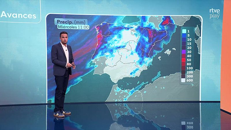 Albert Barniol presenta el pronóstico del tiempo en rtve play, mostrando un mapa de precipitación en mm para el miércoles a las 11:00 en la Península Ibérica.