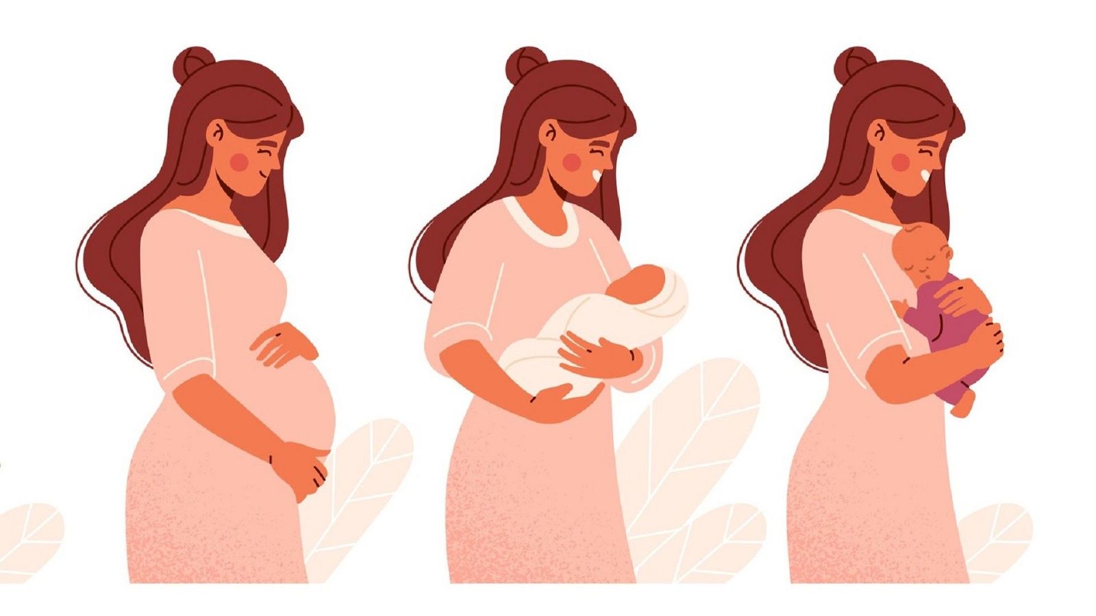 Ilustración de tres paneles que representa la maternidad: embarazo, nacimiento y lactancia, con una mujer y sus bebés en un fondo blanco con sutiles hojas.