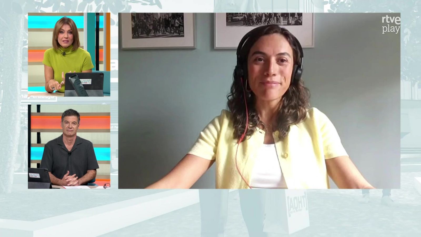 Debate en RTVE sobre el insomnio y el trabajo, con Mónica López y Marc Sala presentando a una invitada remota.