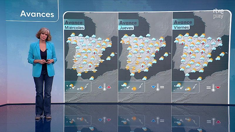 Silvia Laplana de RTVE presenta el pronóstico del tiempo, con una pantalla mostrando avances meteorológicos para Miércoles, Jueves y Viernes, indicando tormentas y variaciones de temperatura.