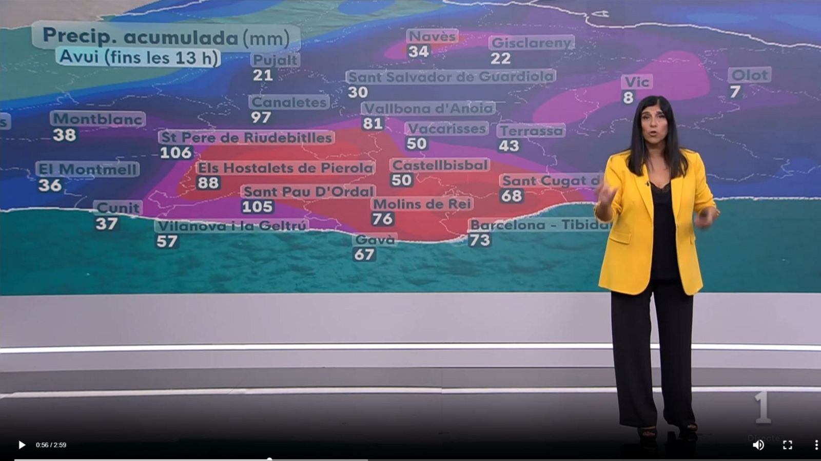 Sònia Papell presenta "El Temps" en La 1 junto a un mapa de Cataluña que detalla las lluvias acumuladas del día, destacando los 106 mm en Sant Pere de Riudebitlles.