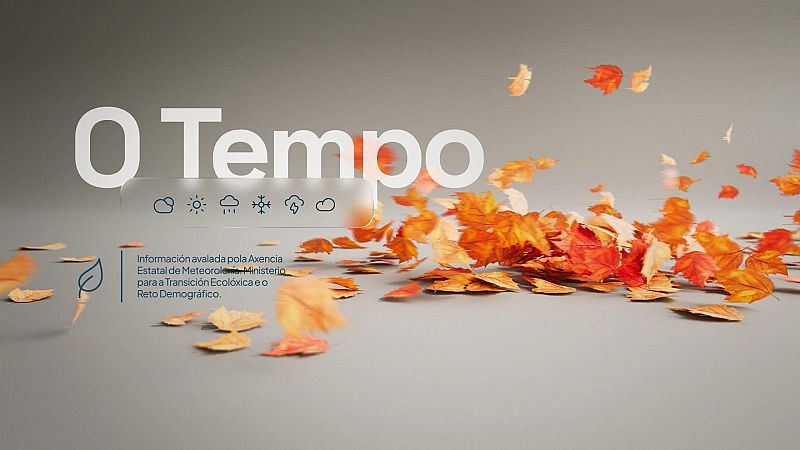 Gráfico minimalista con el título 'O Tempo', iconos meteorológicos azules, hojas secas de otoño flotando sobre fondo gris y un texto informativo en la esquina inferior izquierda.