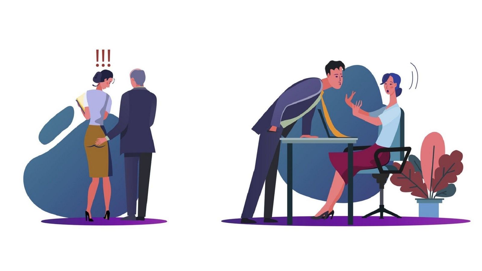 Ilustración de dos escenas de acoso laboral: un hombre tocando sin consentimiento a una mujer por la espalda y otro inclinándose de forma intimidante sobre el escritorio de una compañera.