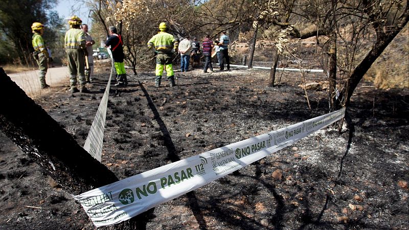 Cinta de la Generalitat Valenciana con el texto "NO PASAR" en primer plano de un bosque quemado, con bomberos y civiles evaluando los daños al fondo.