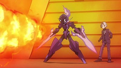 El entrenador Amethio y su Pokémon Ceruledge se preparan para combatir frente a una gran llamarada de fuego en una escena de estilo anime.