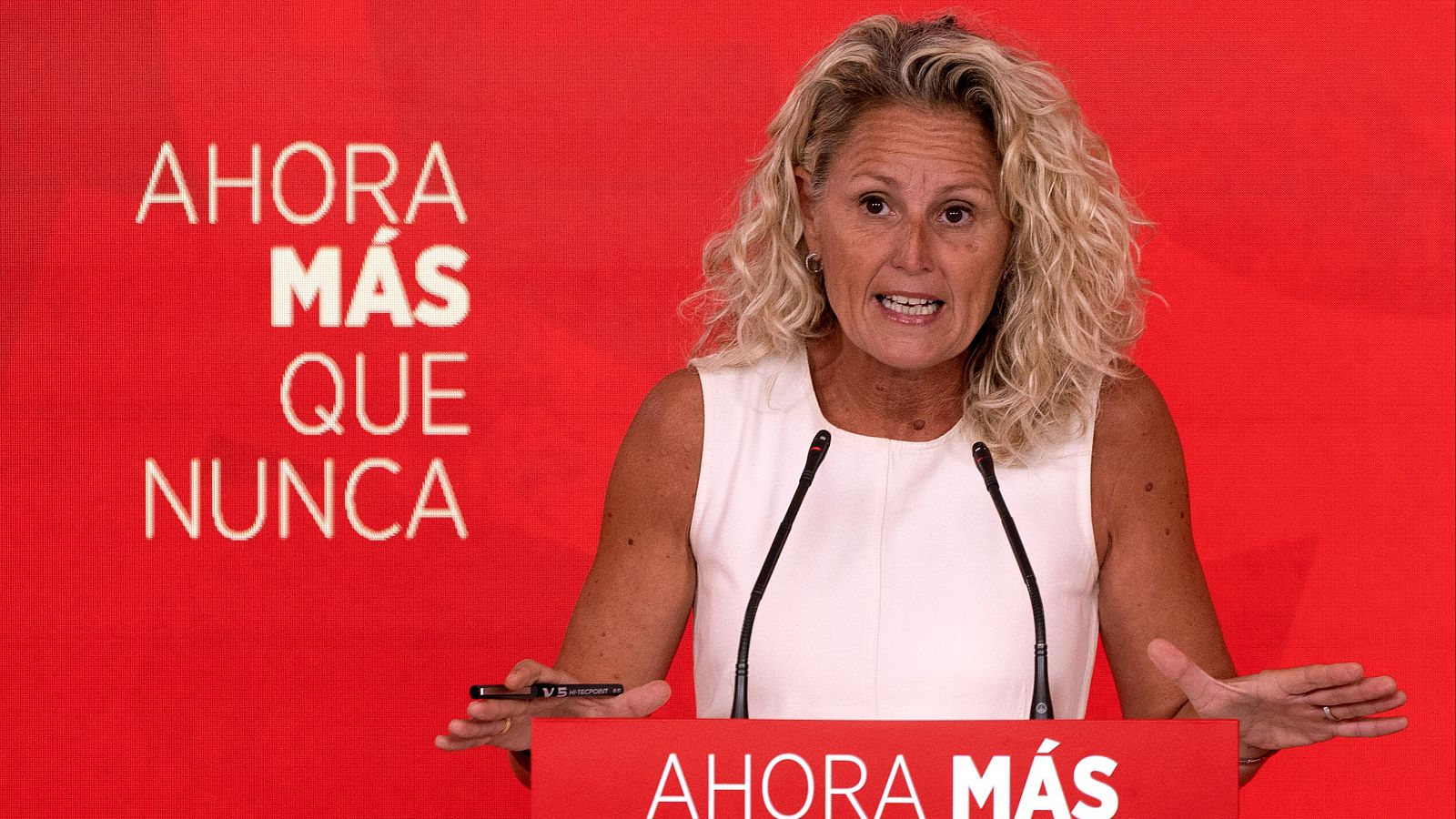 La portavoz del Comité Federal del PSOE, Montse Minguez, durante la rueda de prensa este lunes, en la sede de la formación, en Madrid
