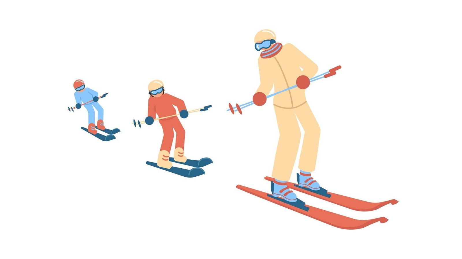 Ilustración vectorial de tres esquiadores con trajes de colores beige, rojo y azul descendiendo en diagonal sobre un fondo blanco.