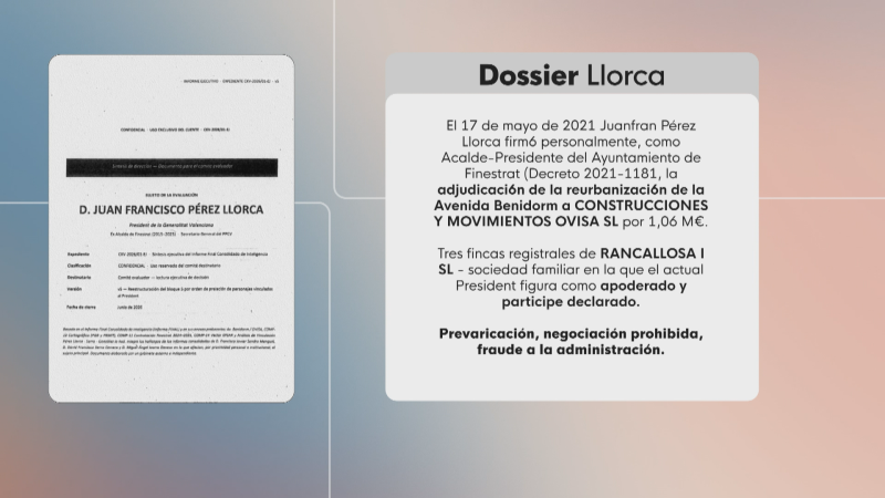 Infografía con un informe confidencial sobre Juan Francisco Pérez Llorca a la izquierda y una tarjeta informativa a la derecha que detalla la adjudicación de una obra pública en Finestrat.