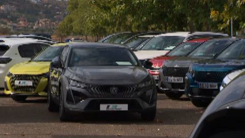 Exposición al aire libre de coches de ocasión de varios colores, destacando un modelo deportivo gris oscuro en primer plano junto a un coche verde lima.