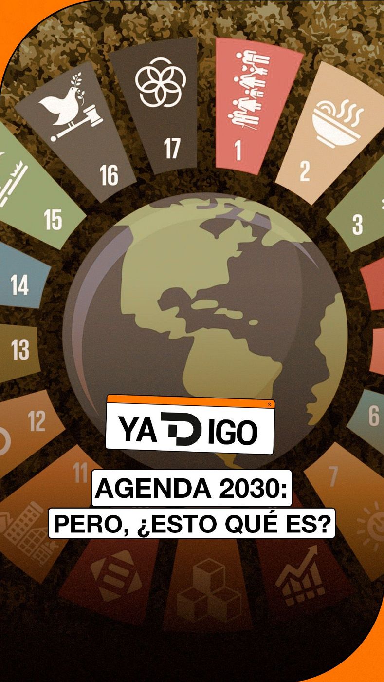 Carátula informativa con la rueda de los Objetivos de Desarrollo Sostenible sobre fondo de camuflaje y el texto «AGENDA 2030: PERO, ¿ESTO QUÉ ES?» en la parte inferior.