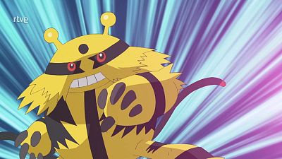 El Pokémon Electabuzz en postura de combate sobre un fondo de líneas cinéticas radiales de colores.