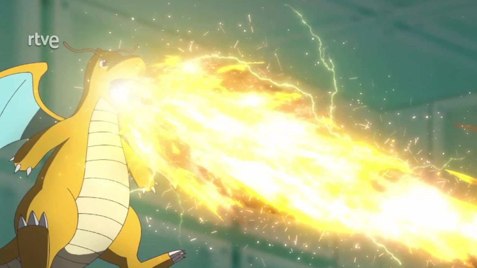 Dragonite de Pokémon expulsa una potente ráfaga luminosa de fuego y energía eléctrica en un espacio interior.