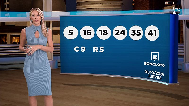 Presentadora en un plató con panel azul que muestra los números ganadores de la Bonoloto y el logotipo del juego.