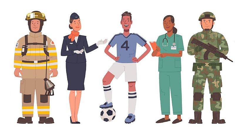 Ilustración vectorial de cinco trabajadores alineados con sus respectivos uniformes y equipos profesionales.