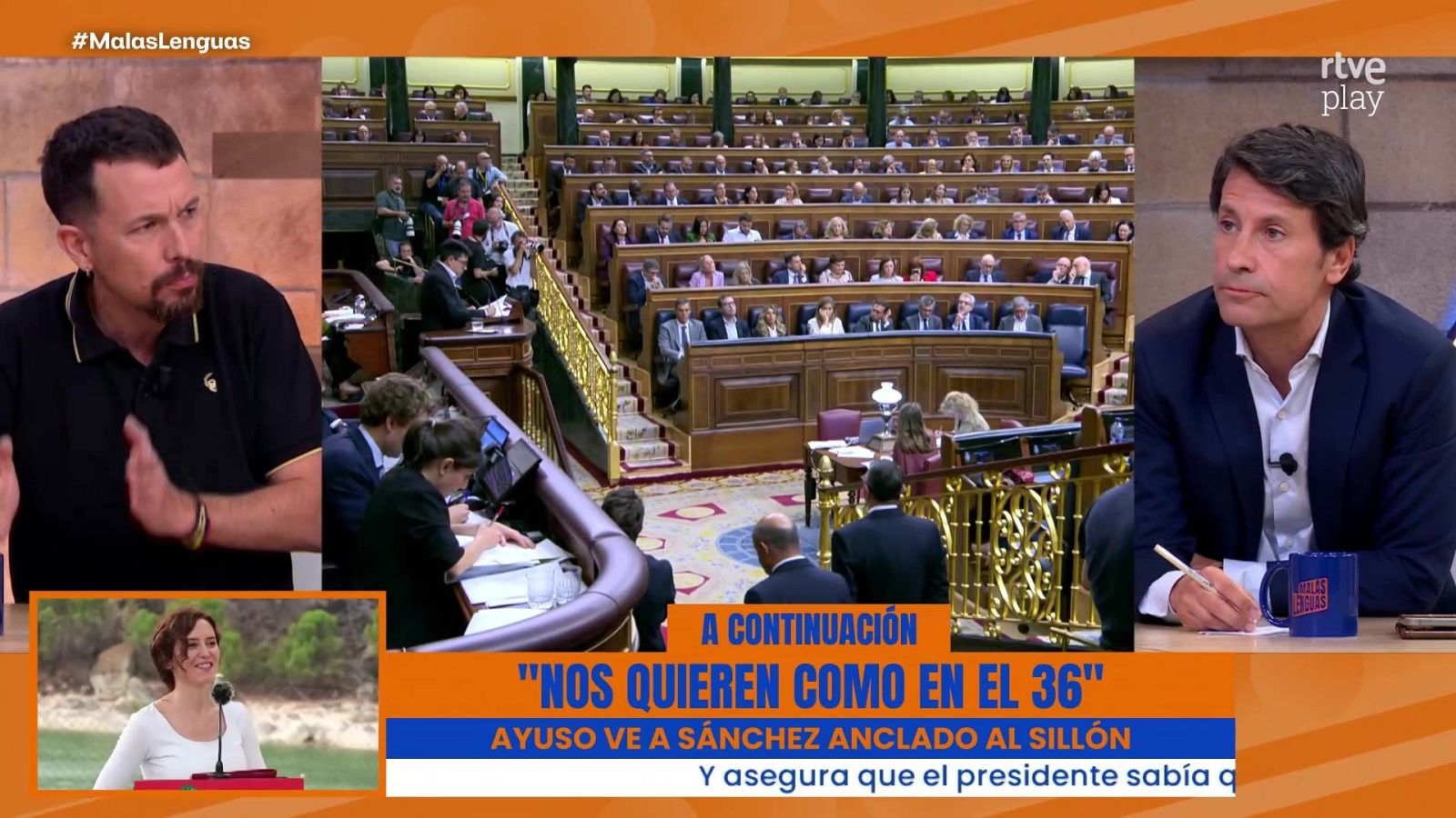 Captura de televisión con Pablo Iglesias y otro tertuliano debatiendo, con imágenes del Congreso, Isabel Díaz Ayuso y faldones informativos con texto.