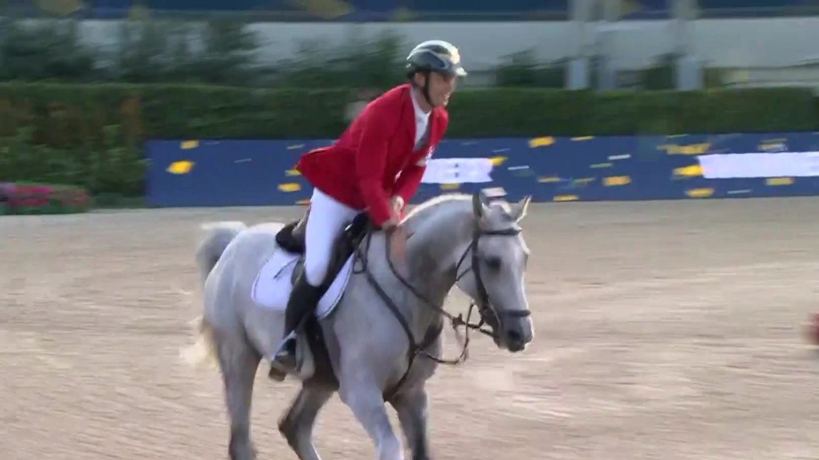 Jinete con chaqueta roja y casco acaricia a su caballo tordo en una pista de hípica bajo luz diurna.