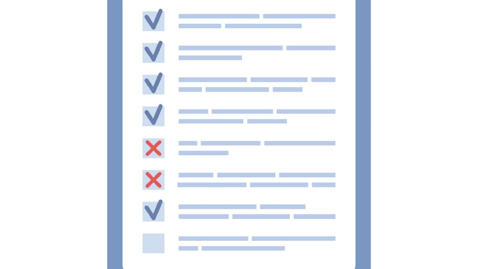 Ilustración de una lista de comprobación en un portapapeles con casillas marcadas mediante tics azules y cruces rojas.