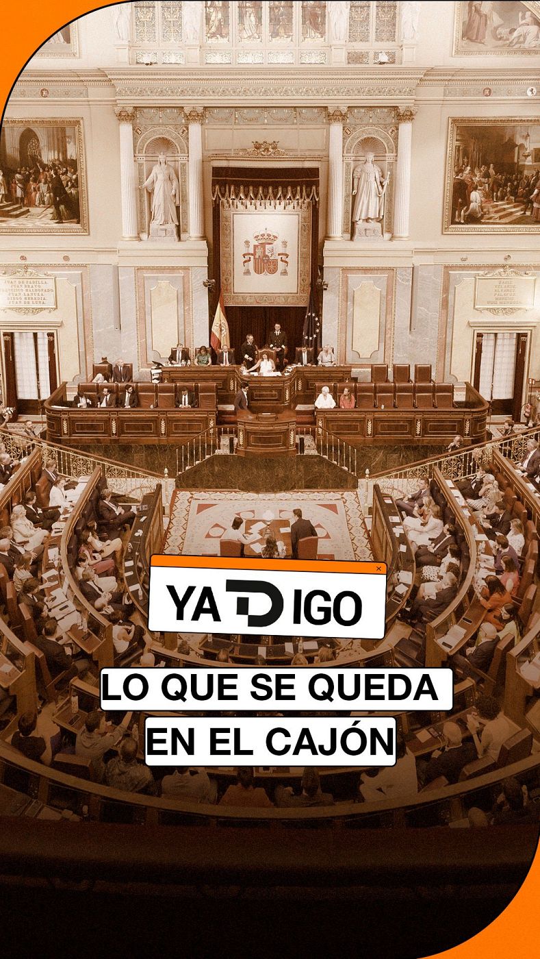 Vista panorámica del hemiciclo del Congreso de los Diputados con rótulos superpuestos y marco gráfico.