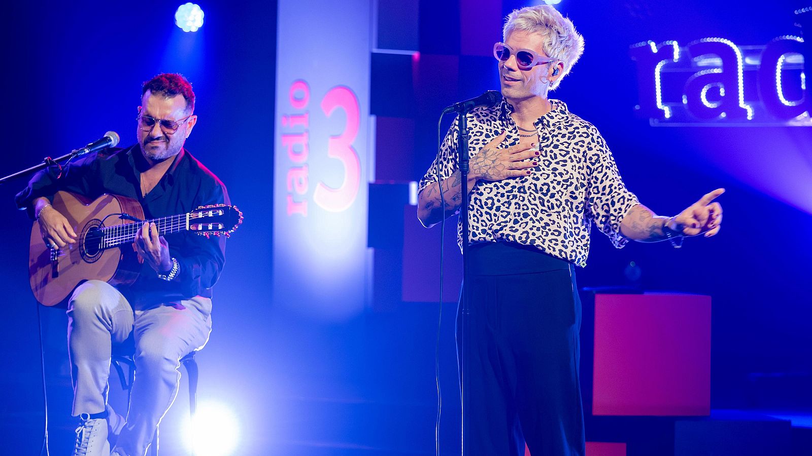 Actuación musical en directo con un cantante con camisa de leopardo y gafas rosas, y un guitarrista sentado tocando la guitarra acústica bajo iluminación azul y púrpura.