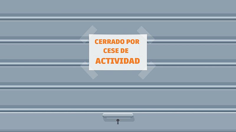 Ilustración de una persiana metálica cerrada con un cartel naranja que anuncia el cese de actividad del negocio.