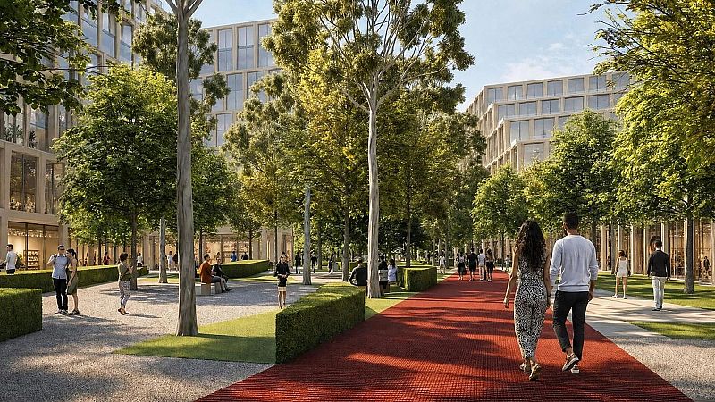 Recreación 3D de una avenida peatonal moderna con edificios residenciales, zonas verdes, árboles y transeúntes disfrutando del espacio al aire libre.