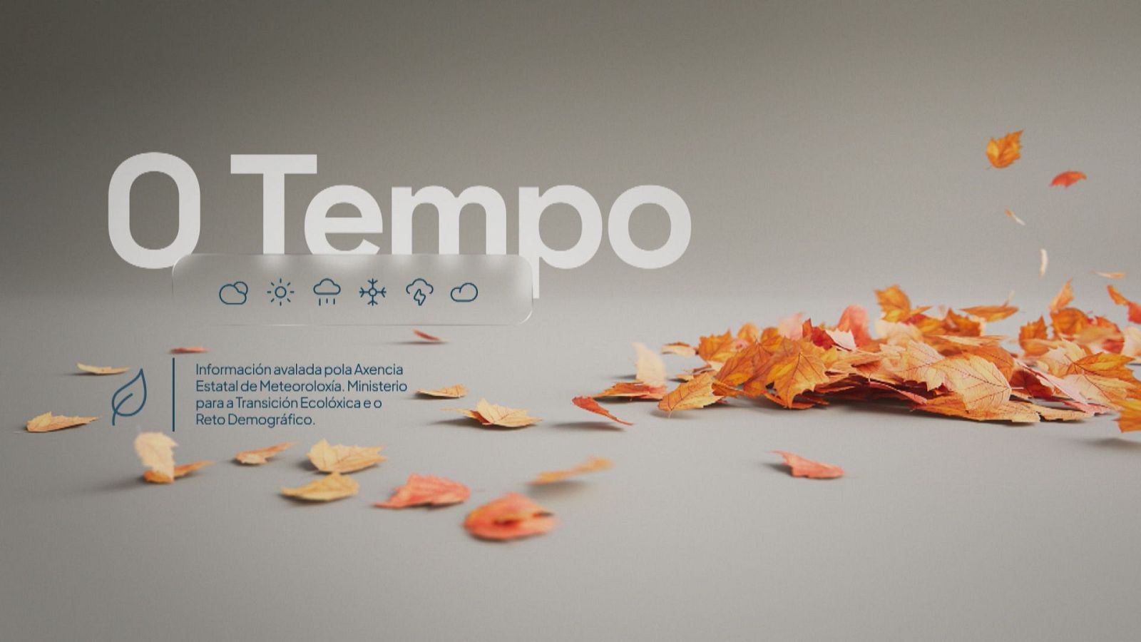 Cabecera de «O Tempo» con título en blanco, iconos meteorológicos, texto acreditativo y hojas secas otoñales sobre fondo gris.