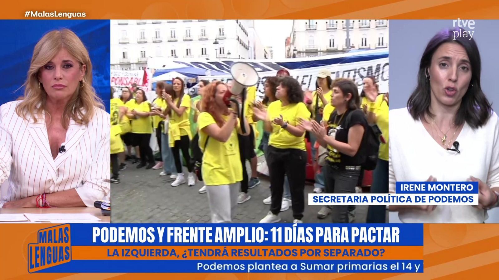 Captura del programa «Malas Lenguas» con tres paneles que muestran a la presentadora, una manifestación y a Irene Montero interviniendo en directo junto a titulares políticos.