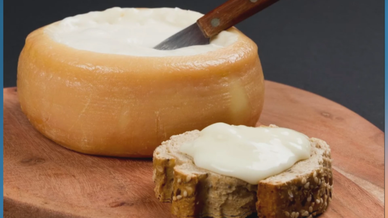 Fotografía en primer plano de una torta de queso extremeña muy cremosa sobre tabla de madera, con una rebanada de pan y sésamo untada.