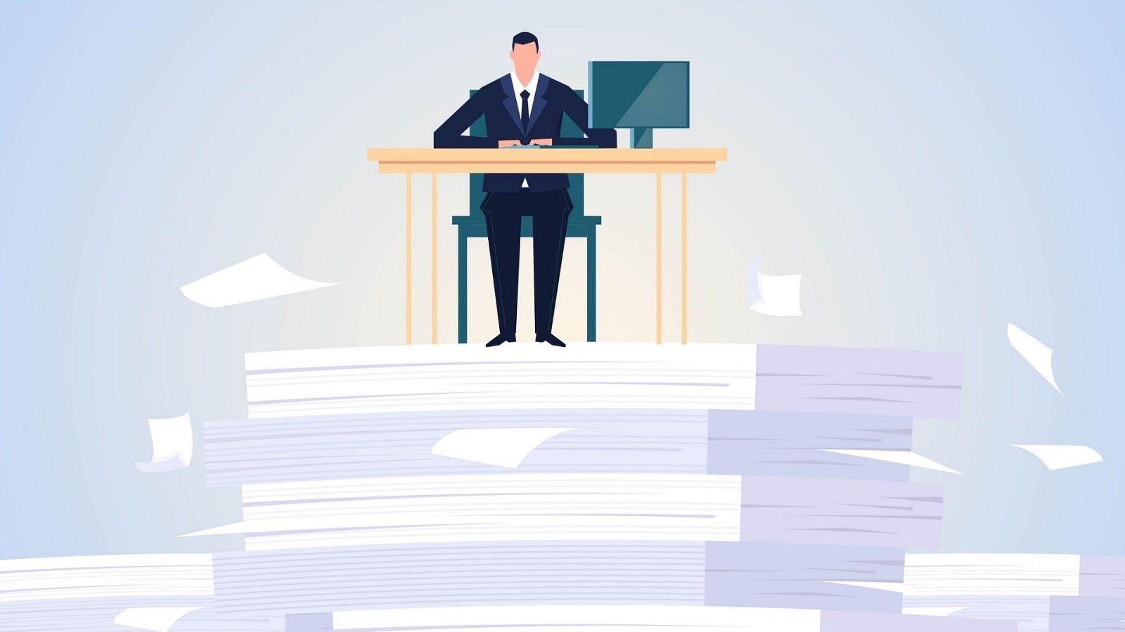Ilustración conceptual de un hombre trabajando en su escritorio sobre una gran montaña de papeles y documentos.
