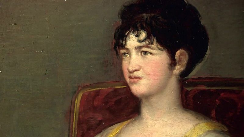 Primer plano del retrato al óleo de la marquesa de Villafranca pintado por Goya en 1804, mostrando su rostro sereno, peinado recogido y un sillón rojo.