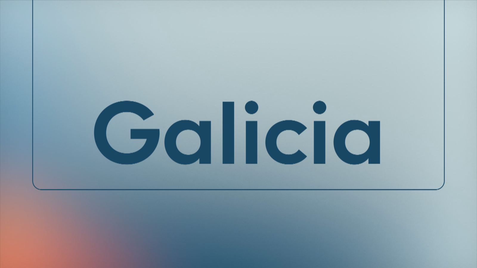 Rótulo gráfico informativo con la palabra Galicia en azul oscuro sobre un fondo degradado celeste, gris y naranja.