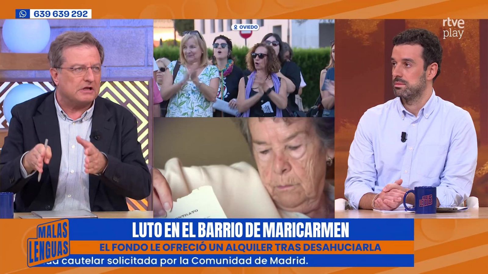 Captura de un magacín de RTVE Play con dos presentadores en plató, vídeos de actualidad, la etiqueta 'MALAS LENGUAS' y la noticia principal sobre el desalojo de Maricarmen.