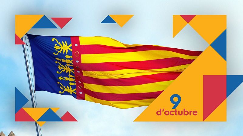 Cartel institucional del 9 de Octubre con la Real Senyera ondeando y formas geométricas en las esquinas.