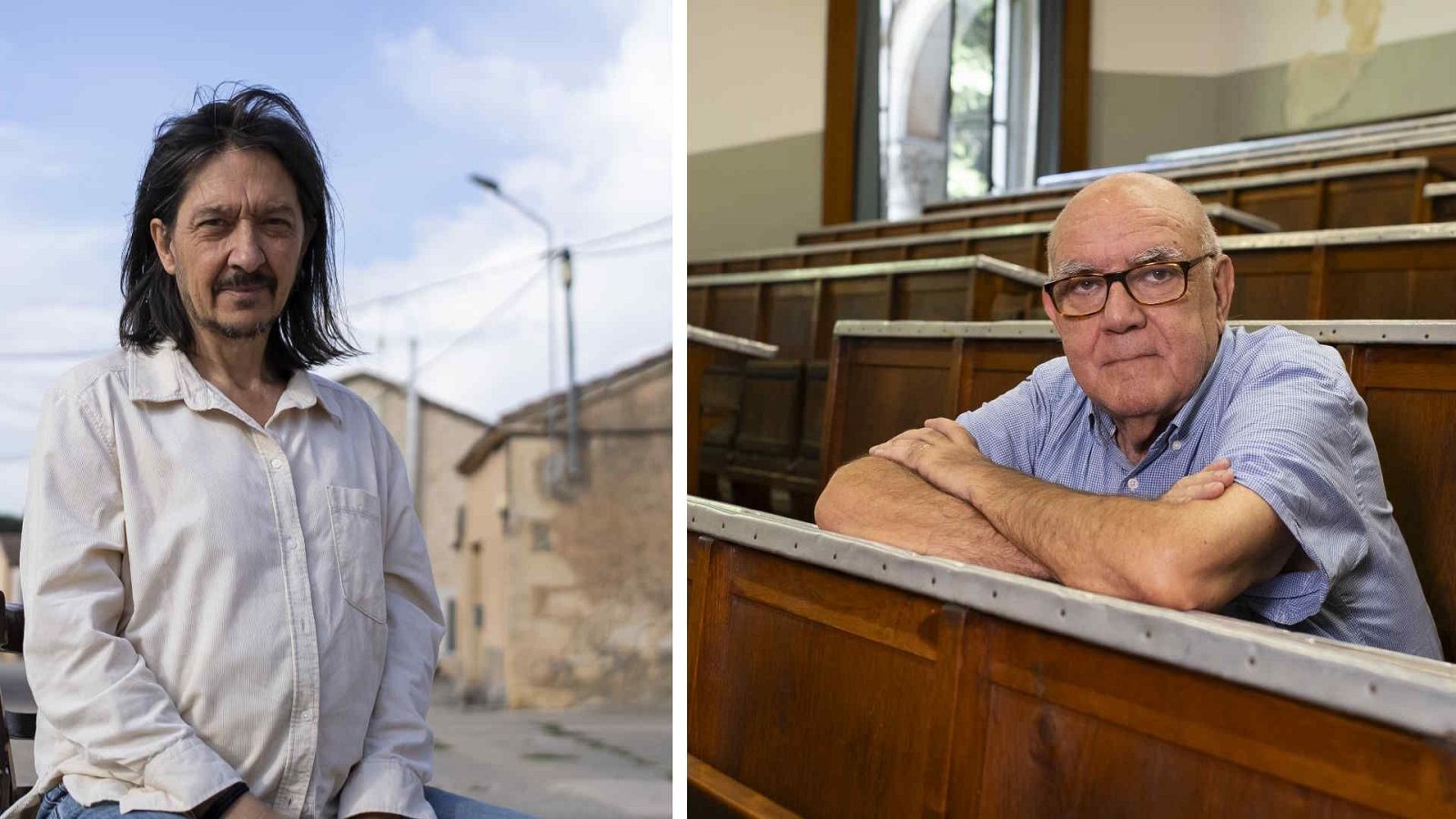Díptico fotográfico que muestra a un hombre de mediana edad con camisa beige en un entorno rural y a un hombre mayor con gafas y camisa azul en un aula de madera.