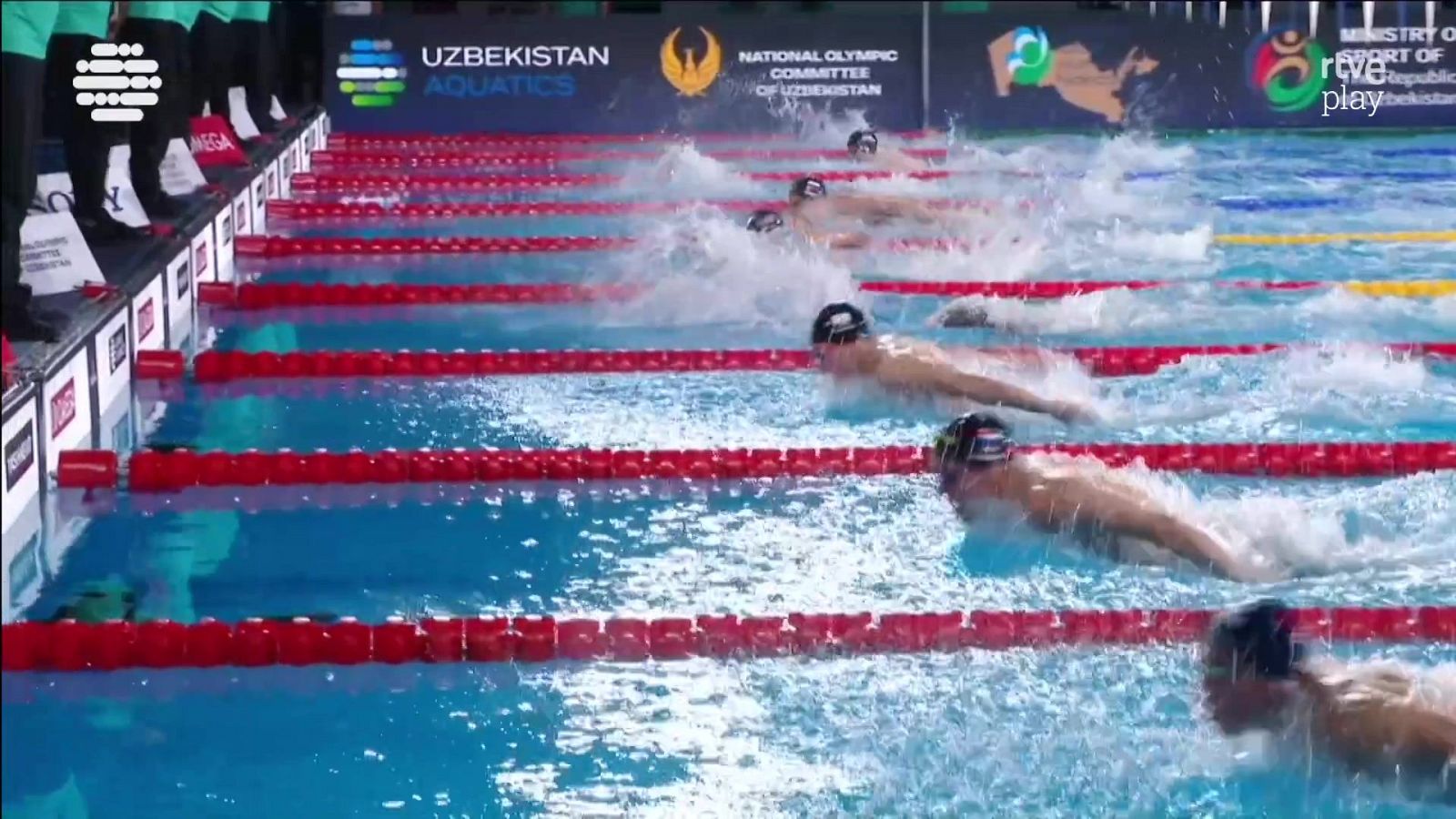 Nadadores compitiendo en una piscina con corcheras rojas y azules, bajo la retransmisión de la plataforma RTVE Play.