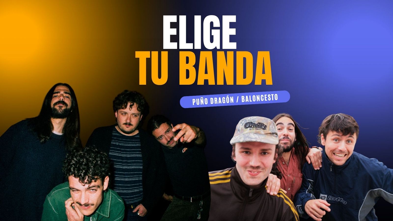 Imagen promocional con el título del programa arriba y dos grupos musicales posando sobre fondos de colores diferentes.
