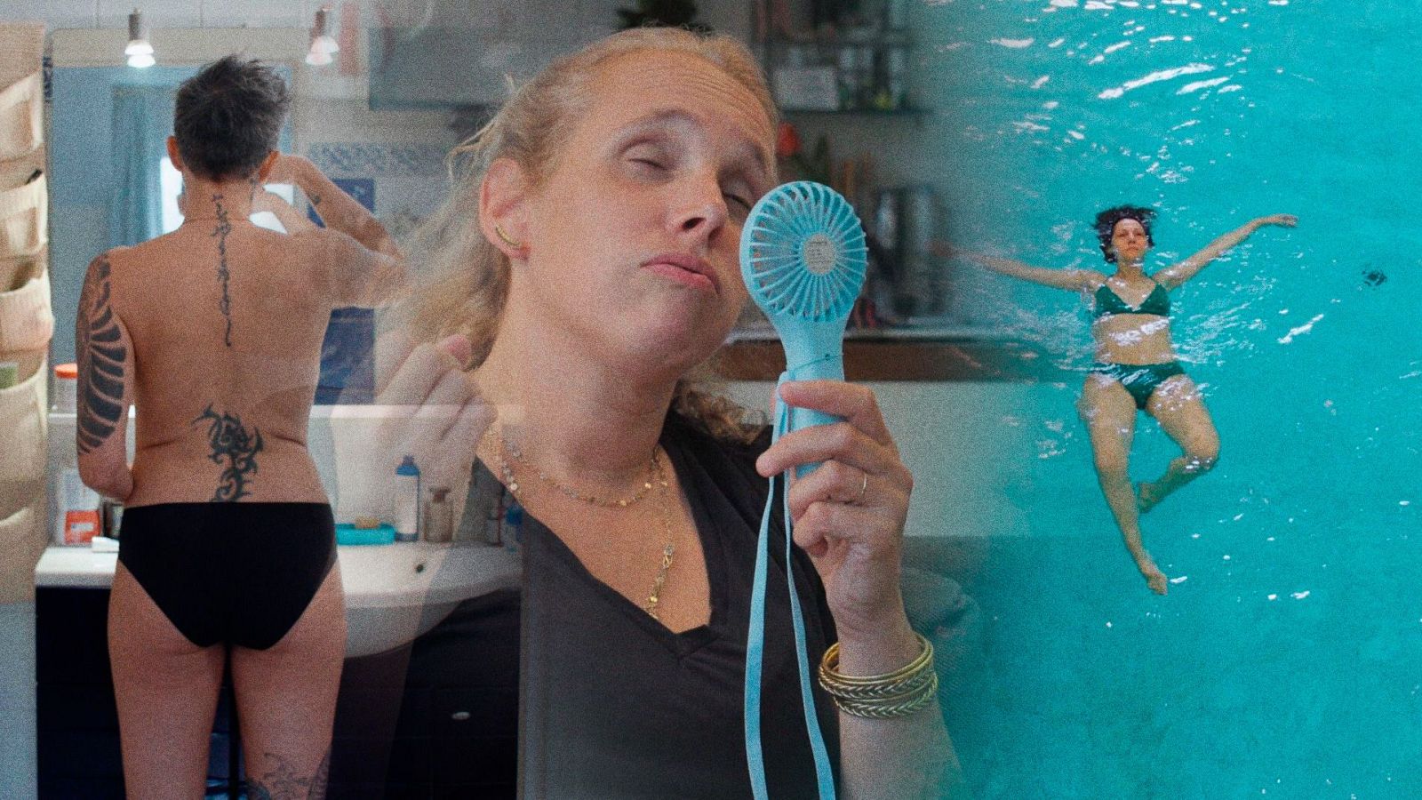 Mujer de mediana edad sosteniendo un ventilador portátil azul para aliviarse de un sofoco en una composición sobre la menopausia.