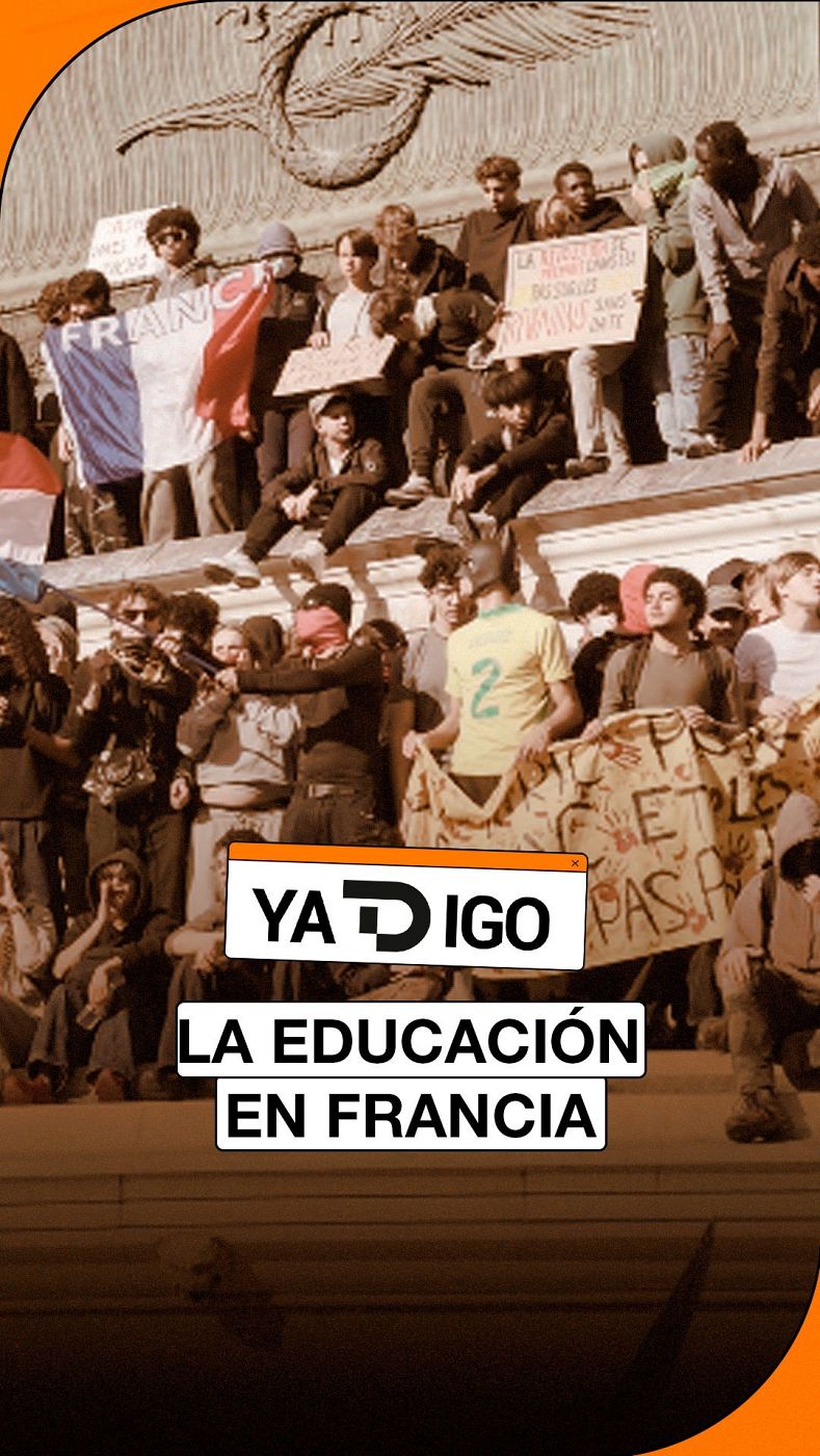 Manifestación estudiantil en Francia con banderas y pancartas, acompañada por textos gráficos informativos.