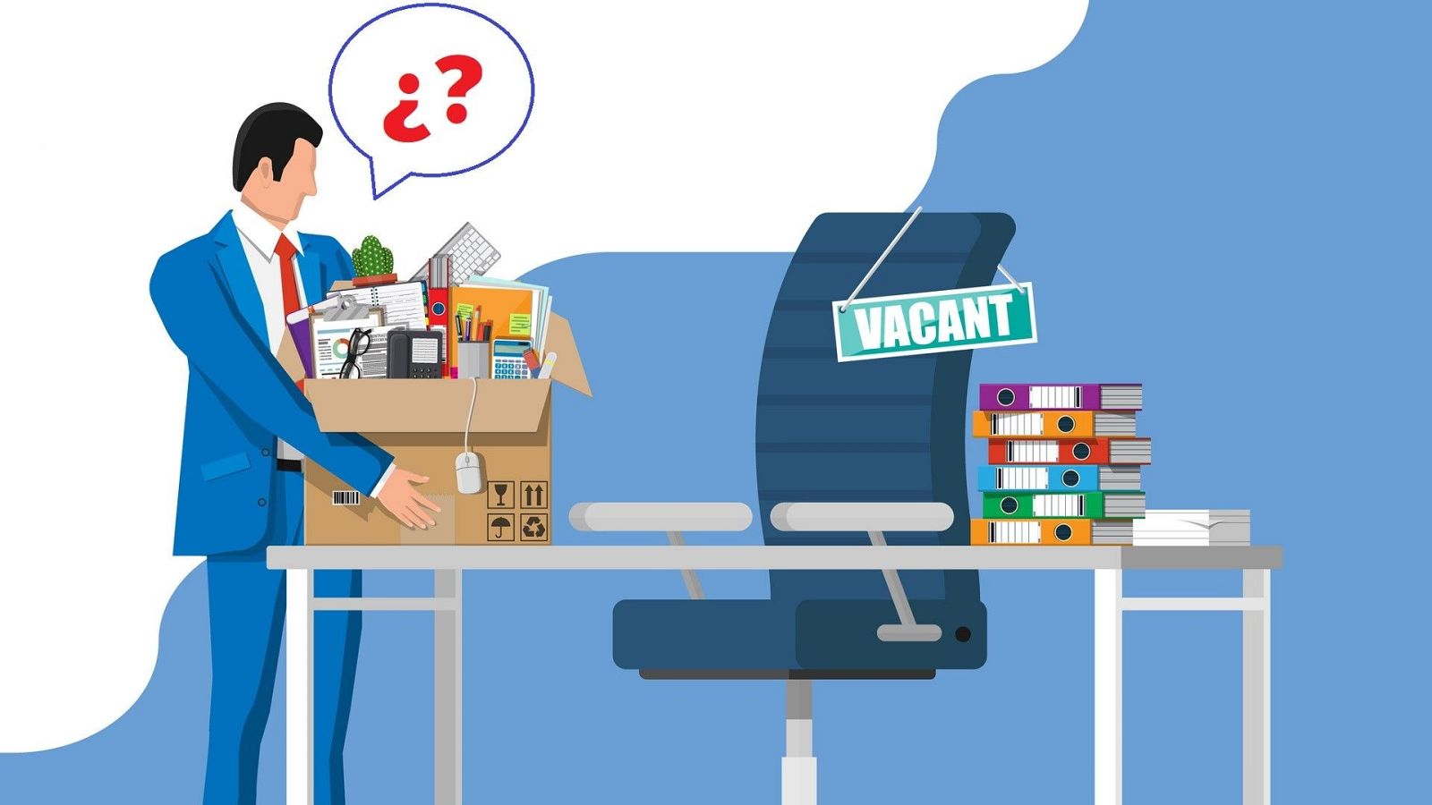Ilustración vectorial de un hombre con traje cargando una caja con objetos de oficina y un signo de duda sobre su cabeza junto a un escritorio vacío con un cartel de vacante.
