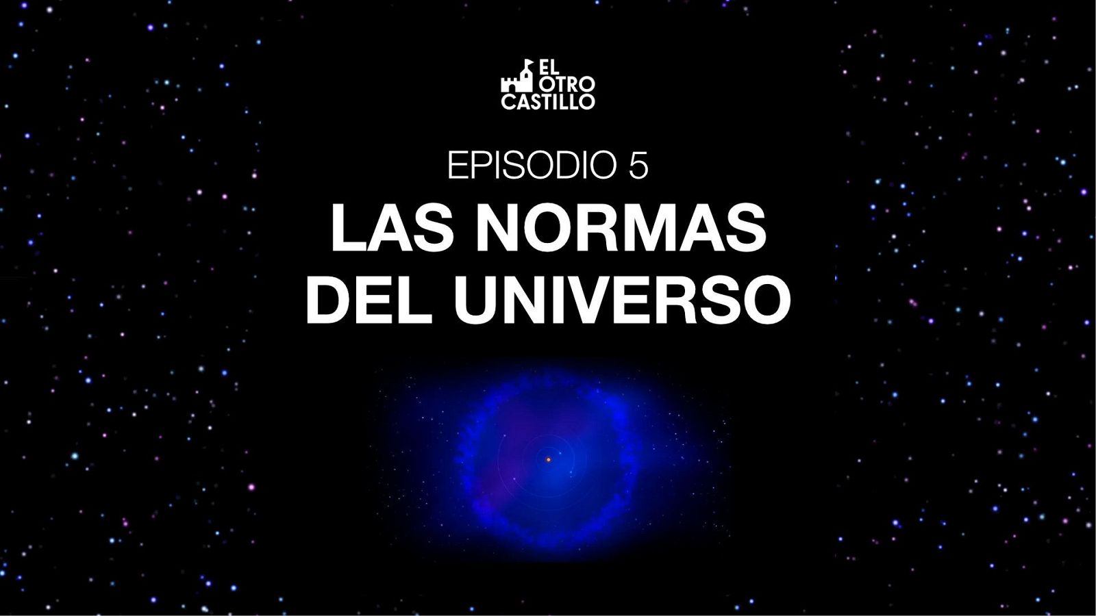 Cartel espacial con fondo estrellado, logotipo superior, título destacado y nebulosa anular azul y púrpura con punto brillante en el centro.