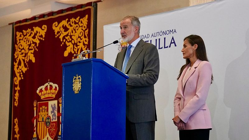 El Rey Felipe VI habla ante un atril junto a la Reina Letizia, quien lleva una chaqueta rosa pastel, frente a un panel institucional y un tapiz con el escudo de España.