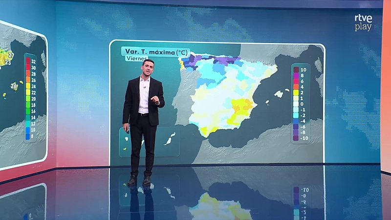 El presentador Andrés Gómez explica un mapa meteorológico de España en un plató de televisión, mostrando las variaciones de temperatura máxima en una gran pantalla.
