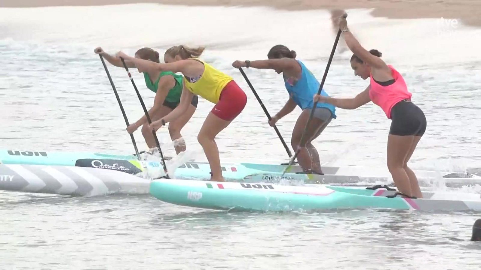 Cuatro mujeres compiten en una regata de Stand Up Paddle sobre tablas aguamarina y blanco, remando con fuerza en el mar cerca de la orilla de una playa.