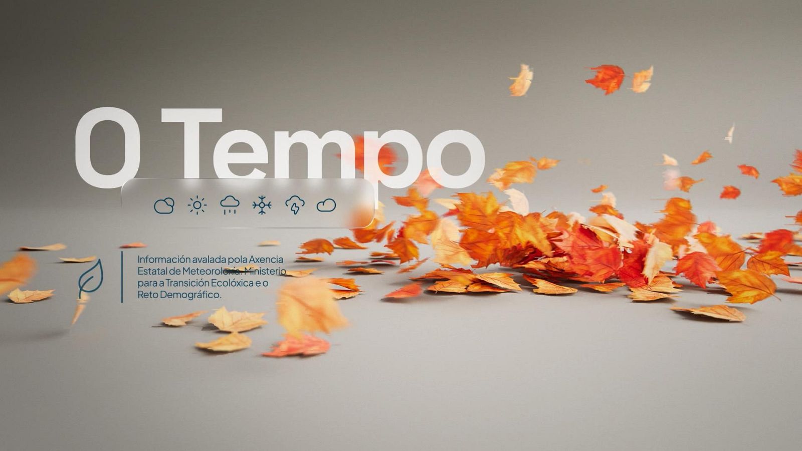 Cabecera gráfica de O Tempo con temática otoñal, mostrando el rótulo principal, iconos meteorológicos e infinidad de hojas secas flotando en el lado derecho.