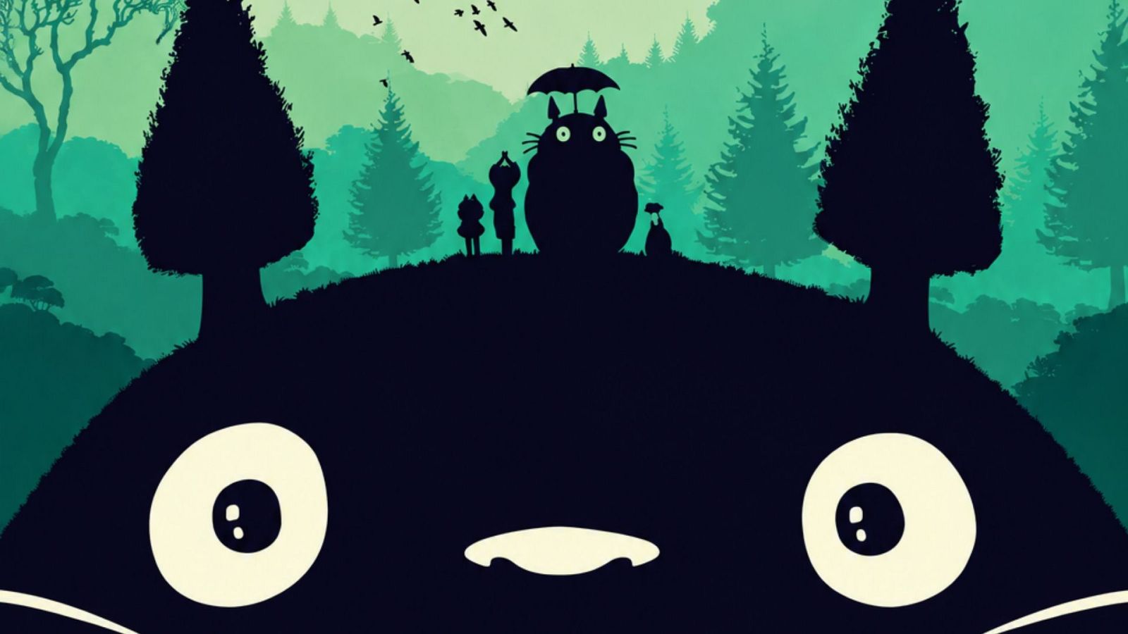 Ilustración minimalista de Totoro con colina y siluetas de personajes en tonos verdes.