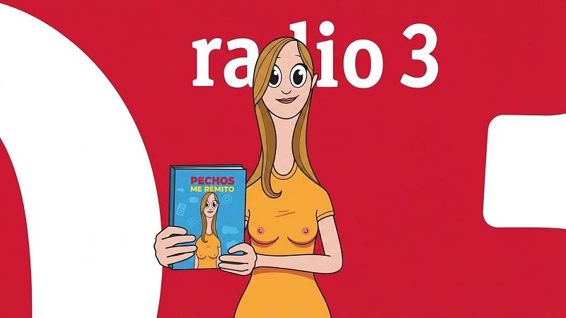 Ilustración de una mujer animada de cuello largo con camiseta amarilla que sostiene un libro azul con el título PECHOS ME REMITO en la portada.