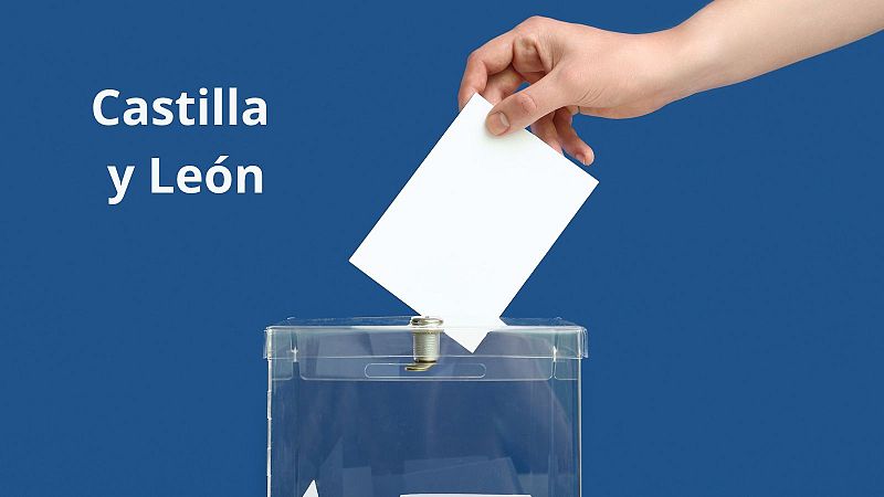 Ilustración sobre fondo azul de un proceso de votación donde una mano introduce un sobre blanco en una urna transparente con el texto Castilla y León.