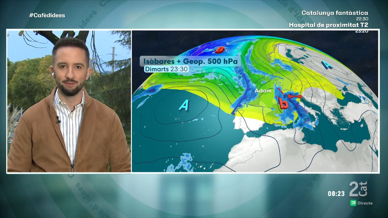 Emisión con el meteorólogo Sergi Loras en conexión exterior y un mapa meteorológico de Europa con la borrasca Adam.