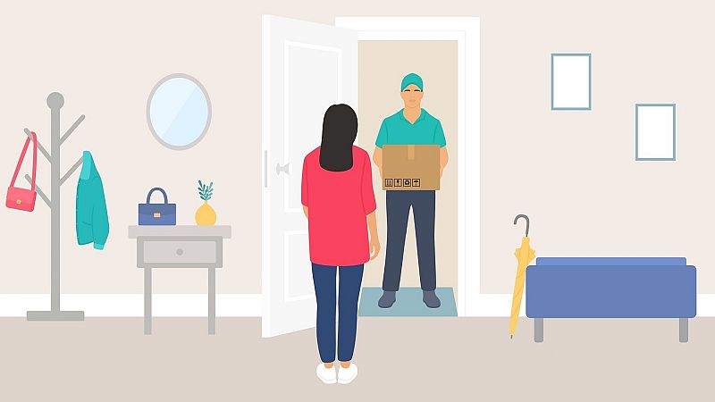 Ilustración de una entrega de paquete en un recibidor moderno donde un repartidor con uniforme verde entrega una caja a una mujer.