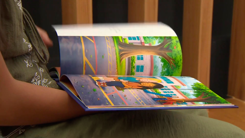 Persona sentada hojea un libro ilustrado con la imagen de dos niños en el patio de un colegio.